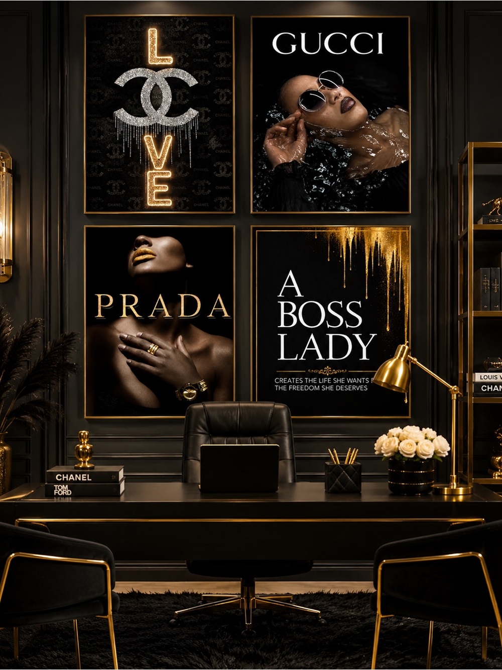 The House of Her™ Chanel Gucci Prada Boss Lady Black Gold Wall Art Set of 4
